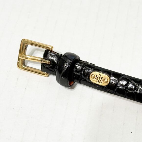 Lauren Ralph Lauren Italian Leather Skinny Belt Women XL Embossed Black Brass main image 6